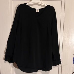 CAbi Black V-Neck Poly Mix Top with Statement Sleeves size XL